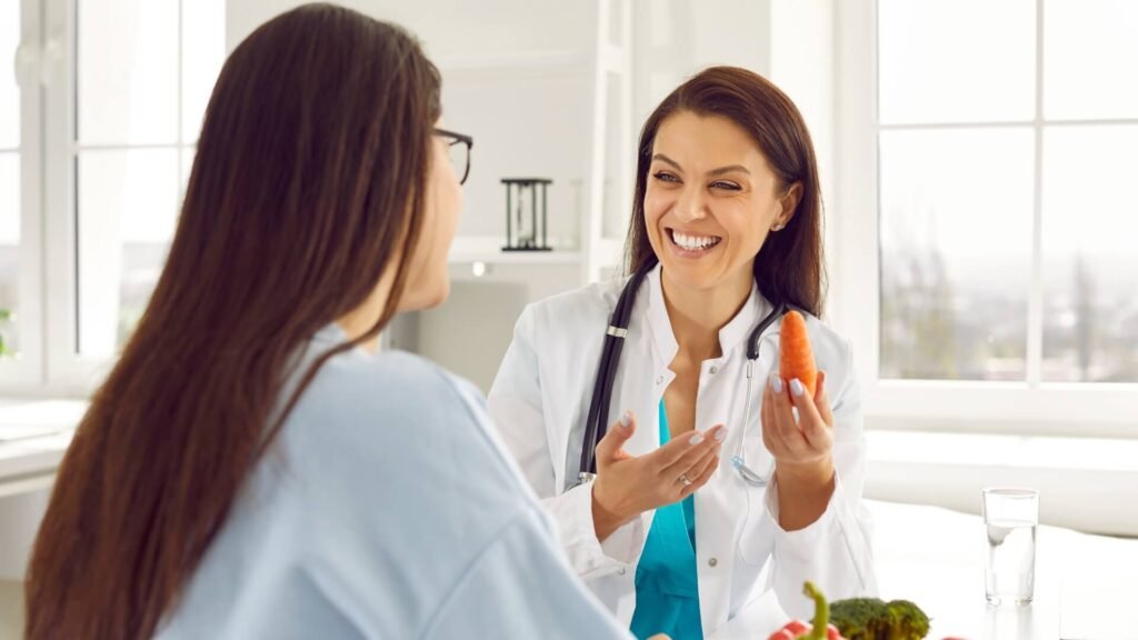 A woman discusses her diet with a doctor, emphasizing the importance of nutrition for eye health.